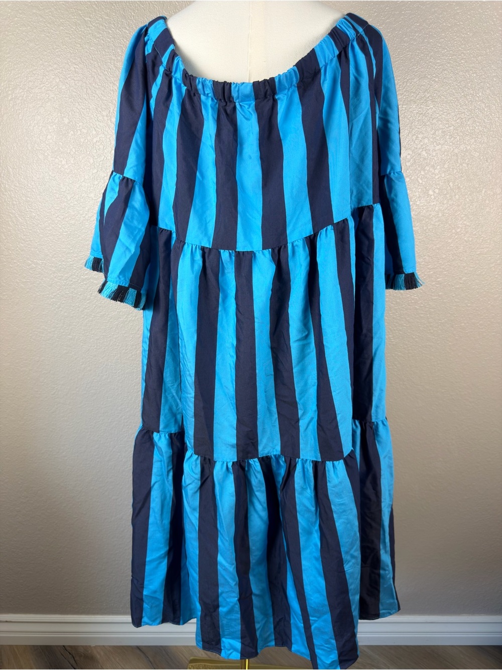 NWT Trina Turk Turquoise and Navy Off-Shoulder Striped Tiered Beach Dress, XL - Picture 3 of 8
